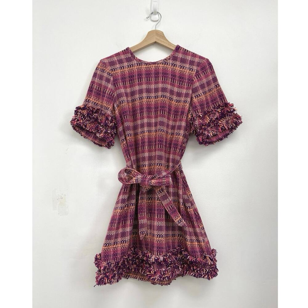 Cinq à Sept Boxweave Easton Belted Fringe Trim Colorful Tweed Mini Dress Size 8*